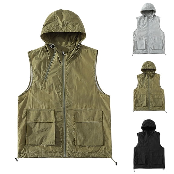 QATAINLAV Mens Sleeveless Golf Vest Lightweight Loose Hooded Cargo Jackets Summer Zip Up Softshell Windproof Outerwear with Pockets, Gray, M