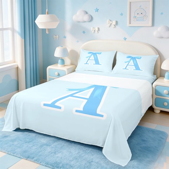Manfei Letter A Monogrammed Twin Sheet Sets,Cute Cartoon Bowtie Twin Fitted Sheet,Blue Bow Tie Flat Sheet For Girls Kids,Microfiber Room Decorative,3pcs