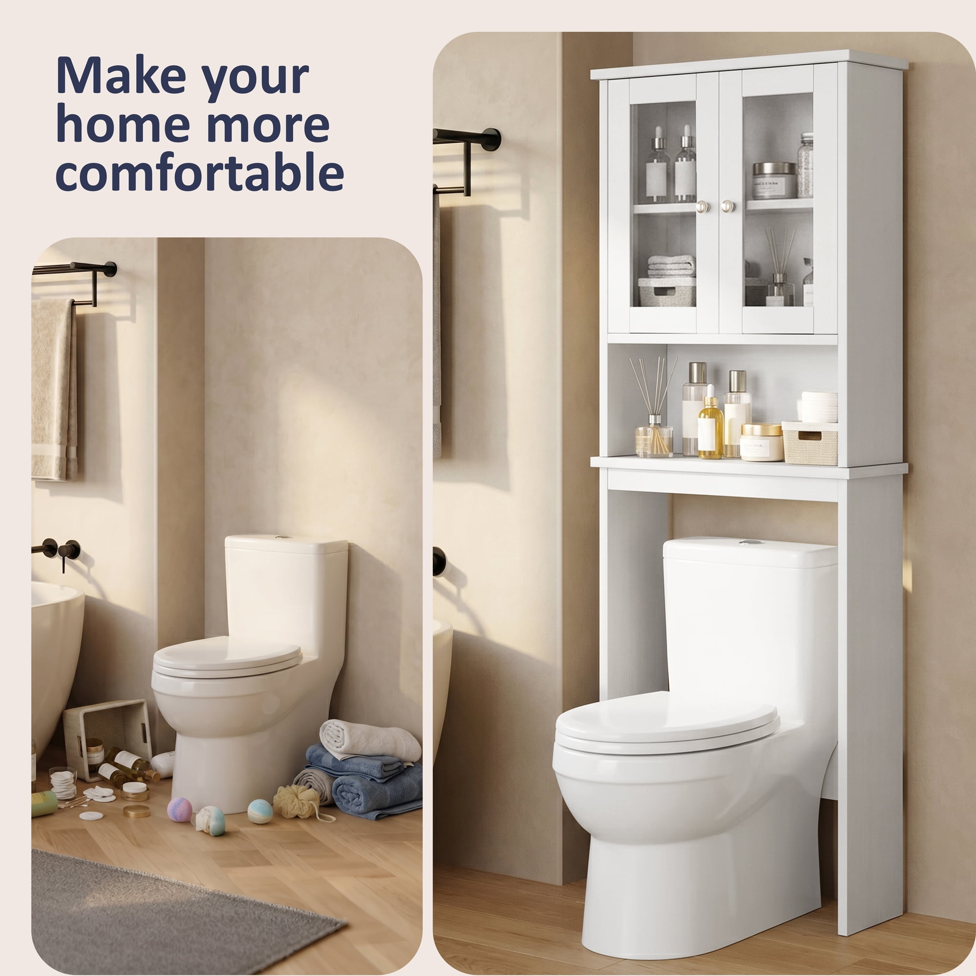 Walsunny Over The Toilet Storage Cabinet Bathroom Shelves Organizer Space Saver Freestanding Restroom Shelf with Tempered Glass Doors Anti-Tip Device Adjustable Shelf White