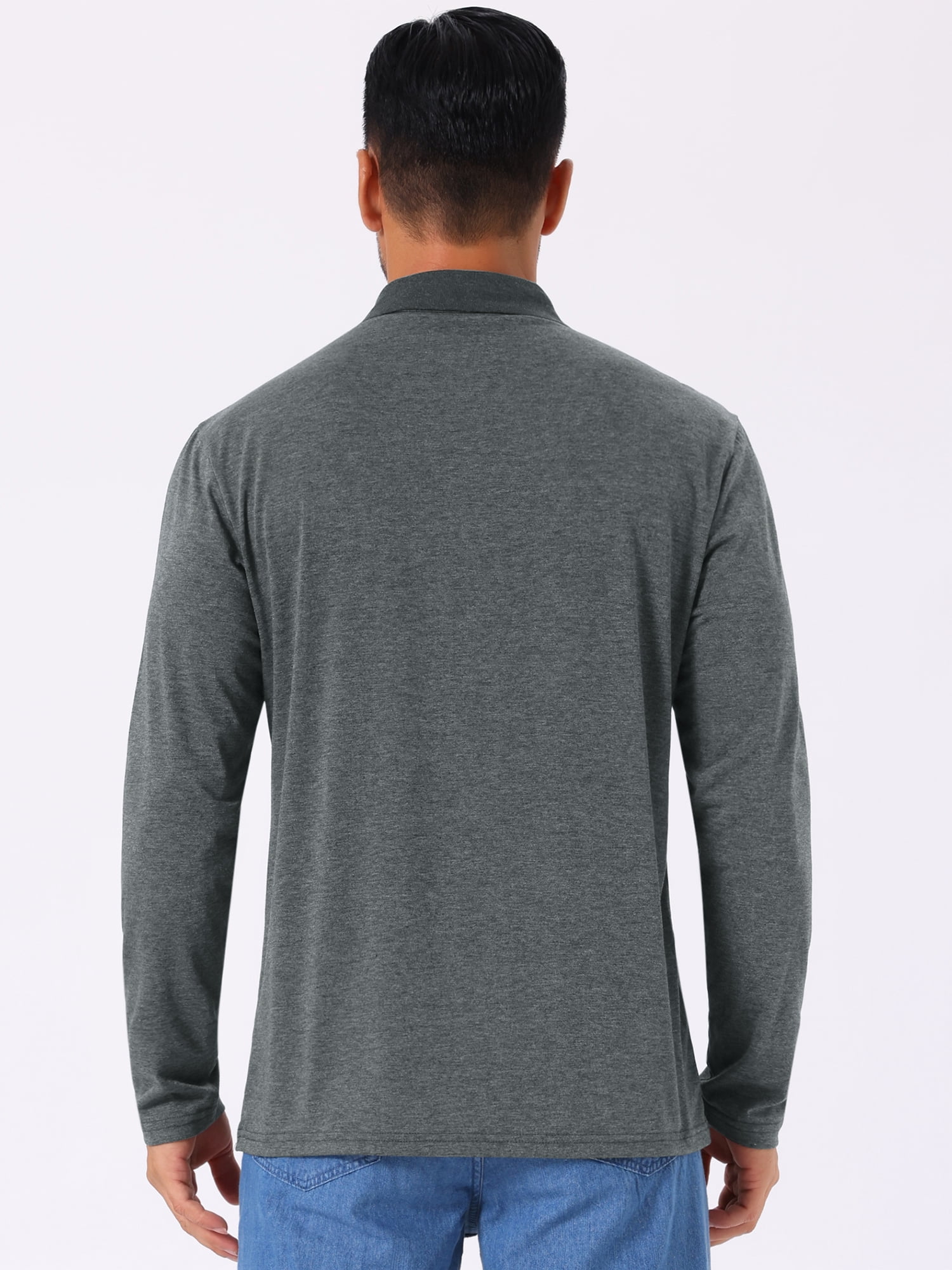 DARING DIVA Men's Contrast Button Collared Long Sleeves Golf Polo T-Shirts L Dark Gray