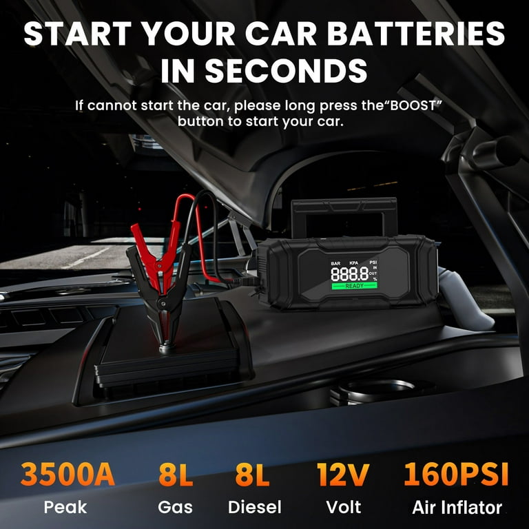 NEXPOW 3500A Peak Car Battery Jump Starter with Air Compressor, 12V 160PSI Portable  Starters for Up to 8L Gas 8L Diesel Engine, PD 60W Fast Charging with Force  Start Function 