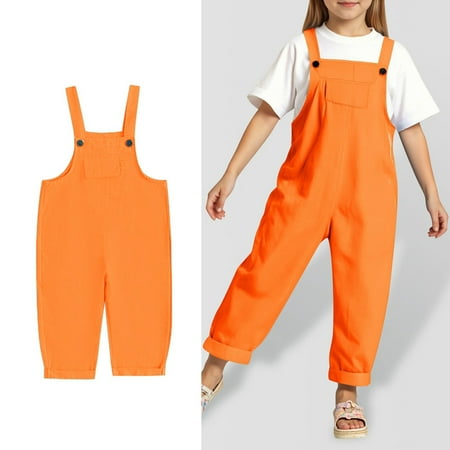 Little Girls Jumpsuit Sleeveless Comfortable Orange Jumpsuit with Pockets for Outdoor Activities Girls Jumpsuit Size 6-7 Years