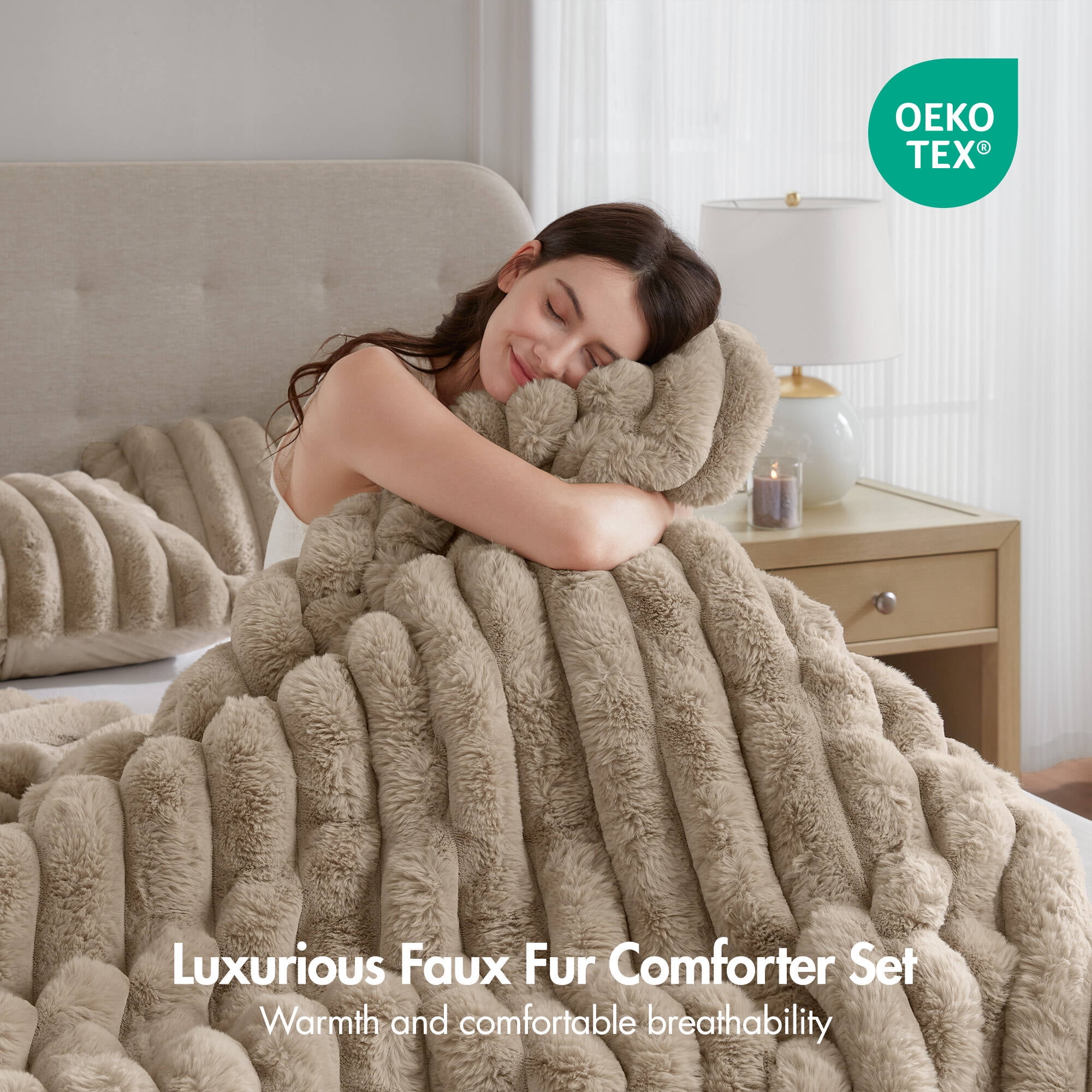 Regency Heights Full/Queen Size Comforter Sets, Taupe Fluffy Ribbed Plush Bedding Set, 3-Piece Faux Fur Ribbed Bedding Comforter Set