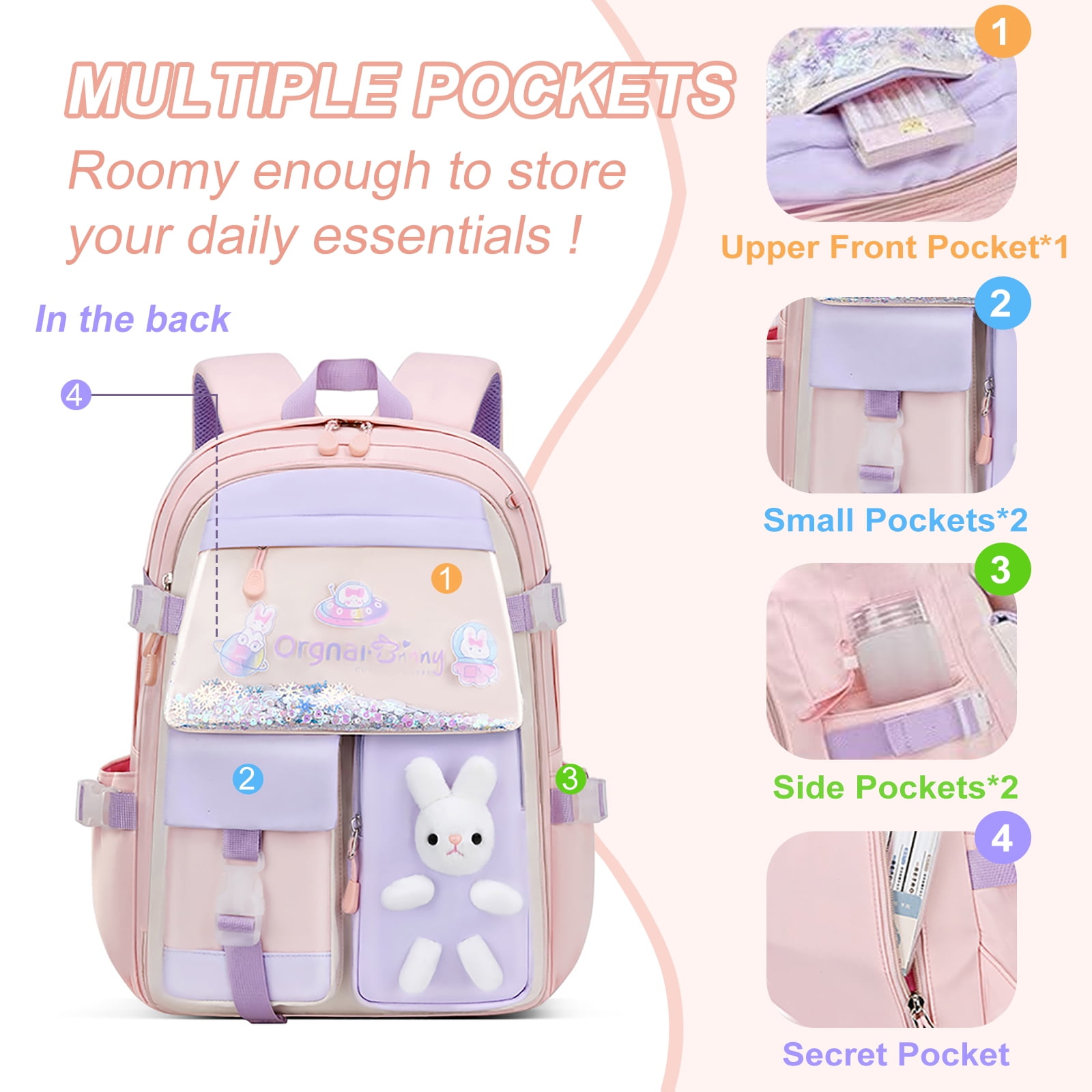 SANMADROLA Backpacks Bunny School Backpack Cute Backpack Laptop Bag School Bookbag, Pink