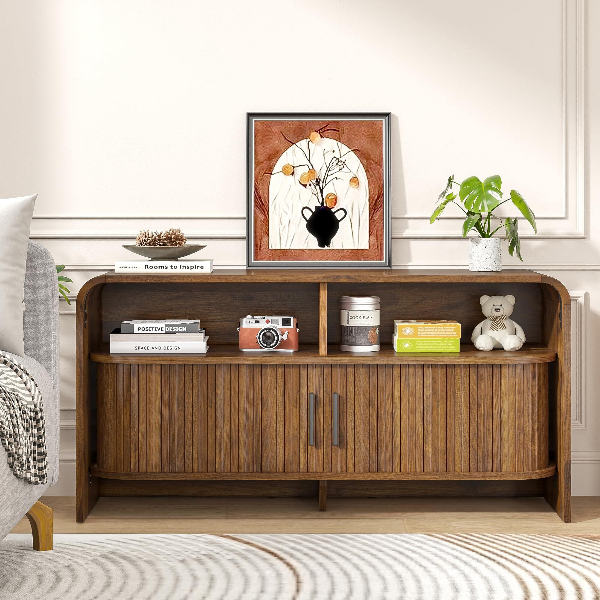 Mid-Century Modern TV Stand for 43 Inch TV, Fluted Wood Media Console with Sliding Doors, Walnut