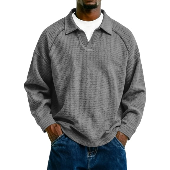Dwellite Men's Waffle Knit Sweater Long Sleeve Loose Fit Shirt Casual Collared Lightweight Fall Sweatshirts Gray 4XL