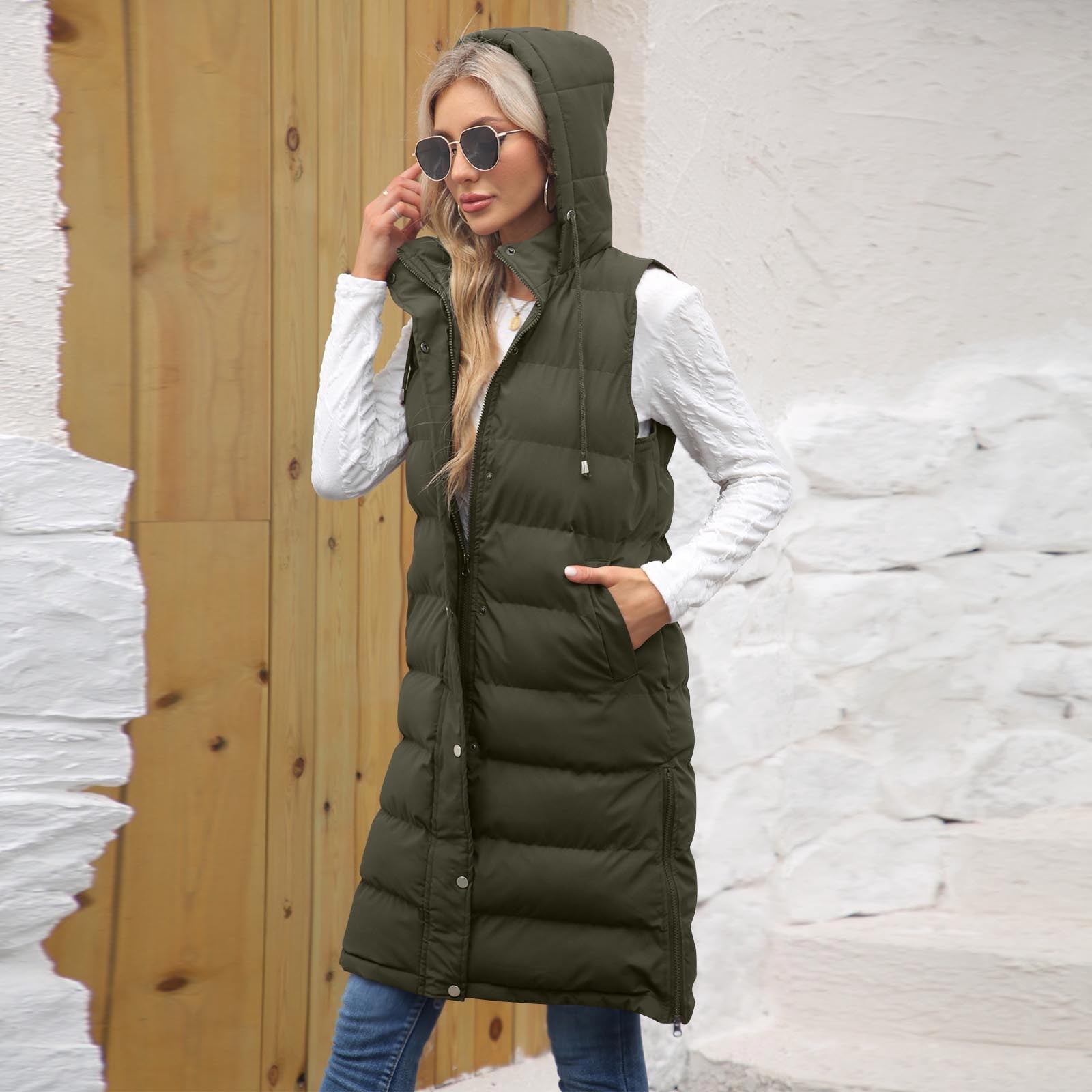 FAVIPT Womens Plus Size Puffer Vest Long Lightweight Hoodie Jacket Zip Up Quilted Button Coats Sleeveless Pockets Trendy 2025 Outerwear Army Green,XXXL