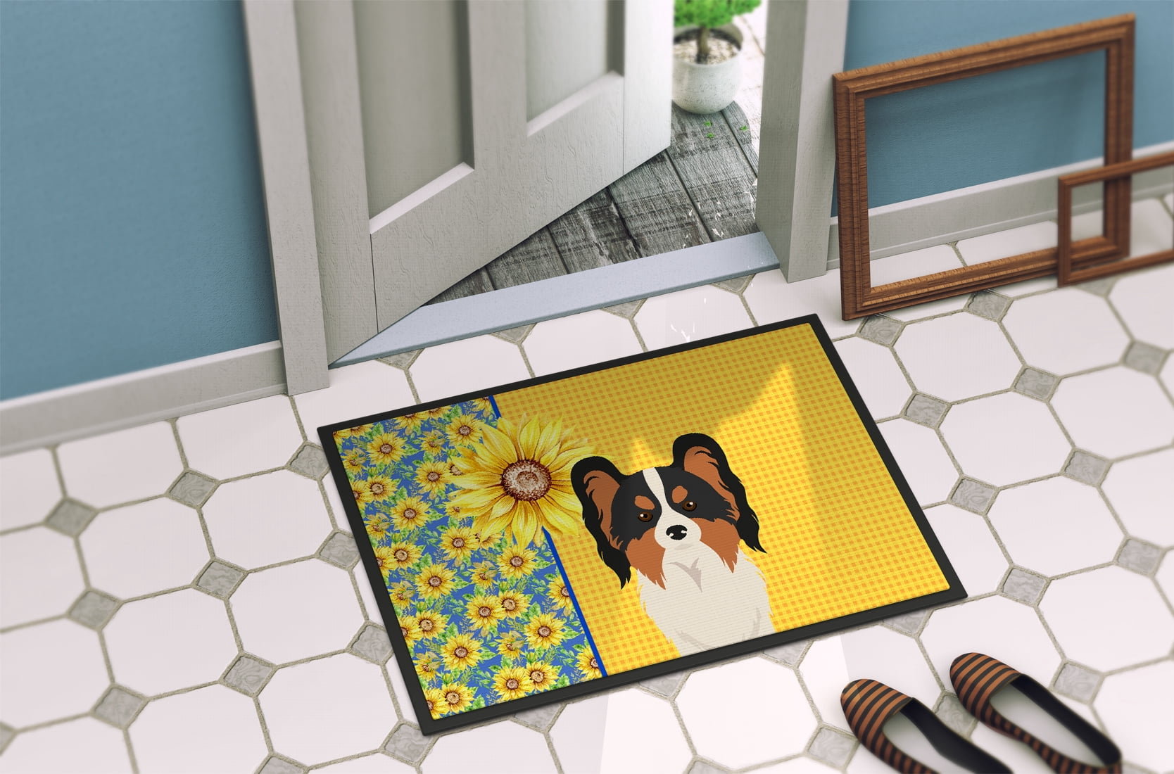 Summer Sunflowers Tricolor Papillon Indoor or Outdoor Mat 24x36 36 in x 24 in