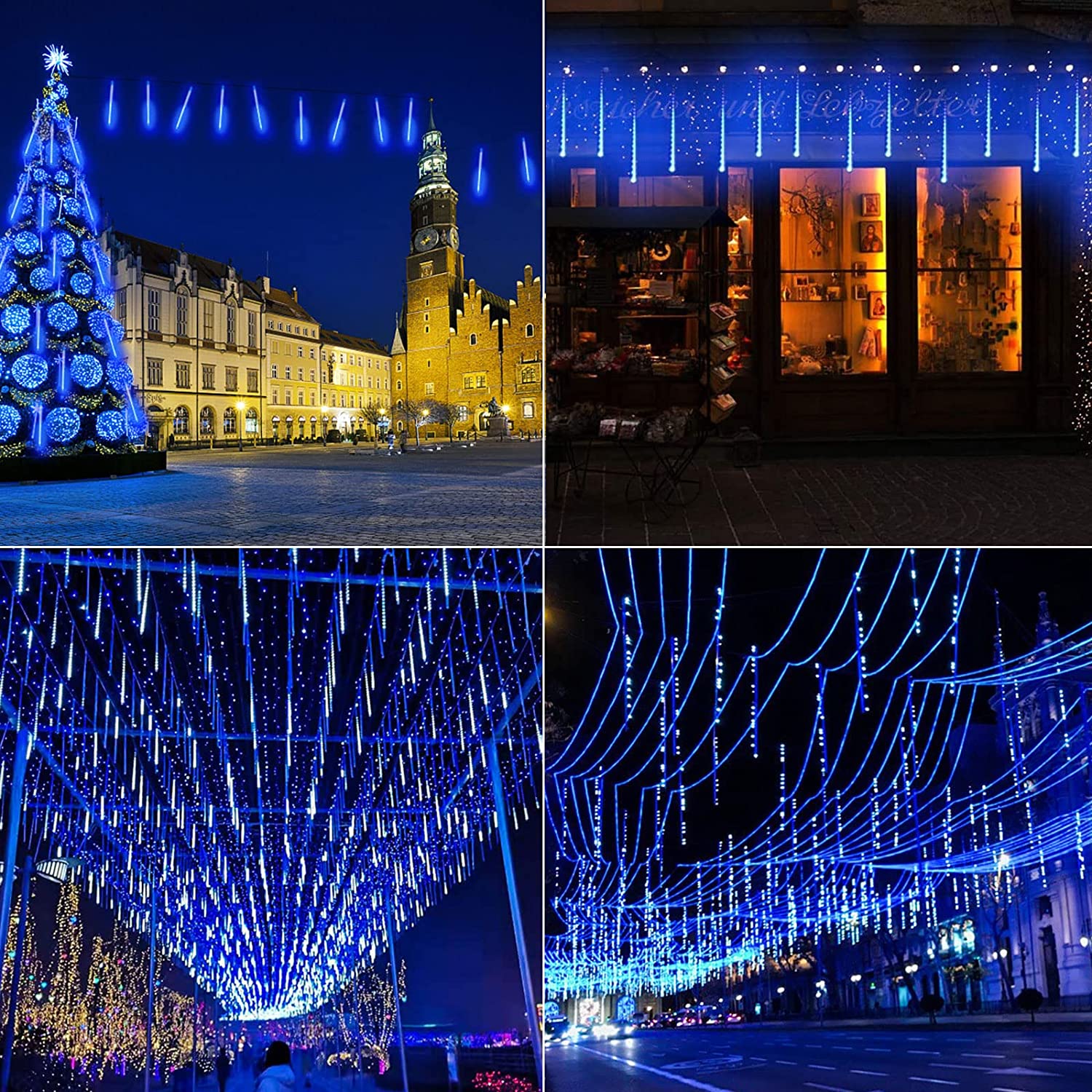 Solar Powered Christmas Meteor Shower Lights, 10 Tube 240 LED Icicle Fairy String Lights, Blue