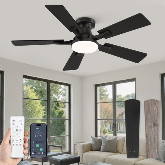Zardon 42in Flush Mount Ceiling Fan with LED Light, Remote & App Control, 6-Speed Quiet DC Motor for Bedroom, Black