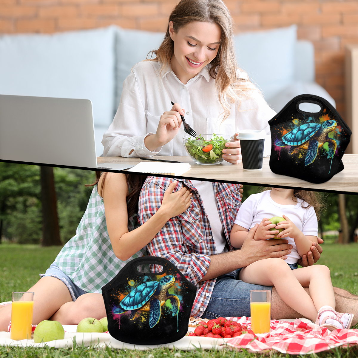 Herdesigns Colorful Neoprene Lunch Bag, Sea Turtle Insulated Lunch Box for Women Men Washable Lunch Tote Soft Lunch Container With Zipper for Work Picnic Travel