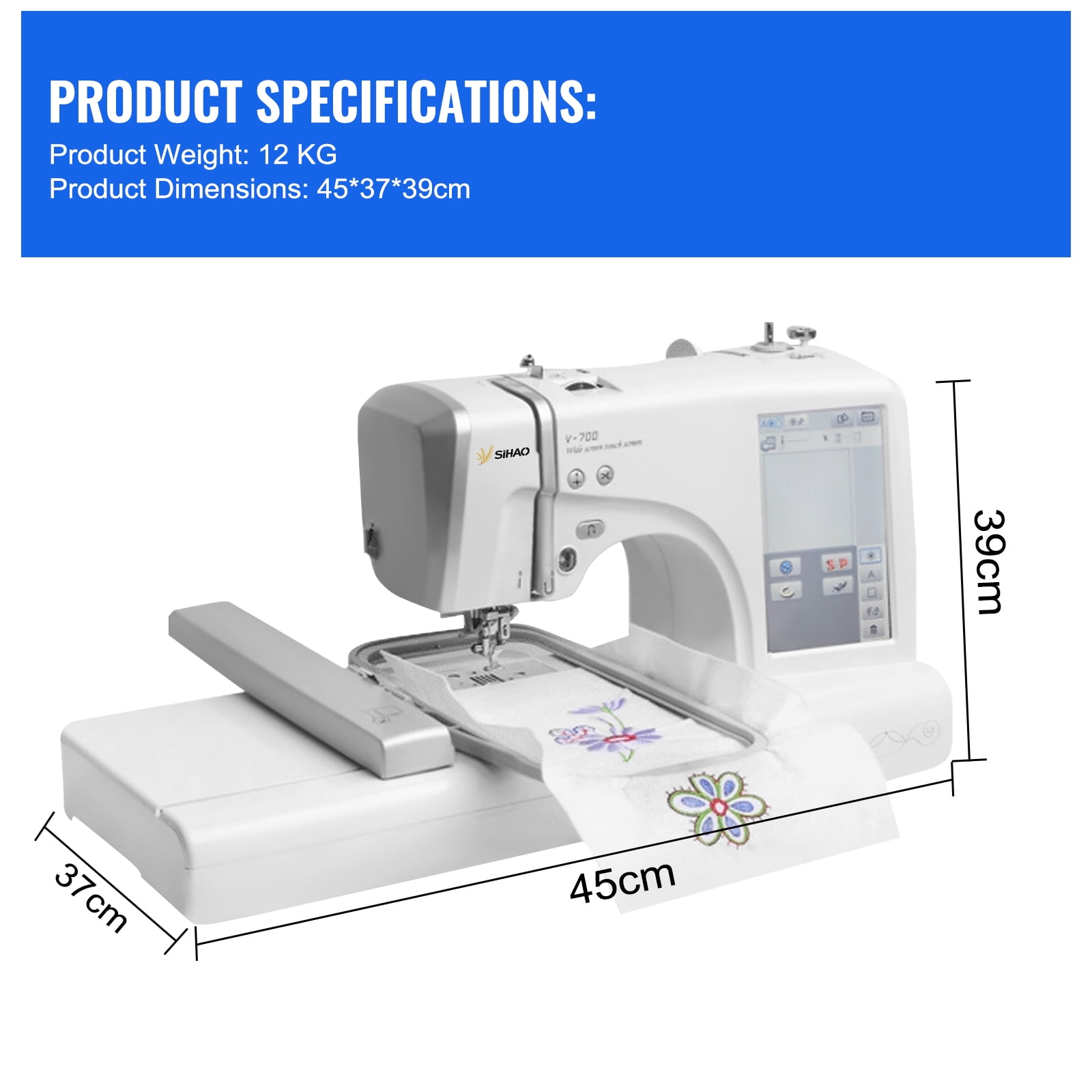 SIHAO MRS-V700 Embroidery Machine for Beginners, 4" x 9.25" Embroidery Area, 150 Built-in Designs, 10 Font Styles, 7" LCD Touch Screen with Hoops, USB, Stabilizer, Bobbins，etc