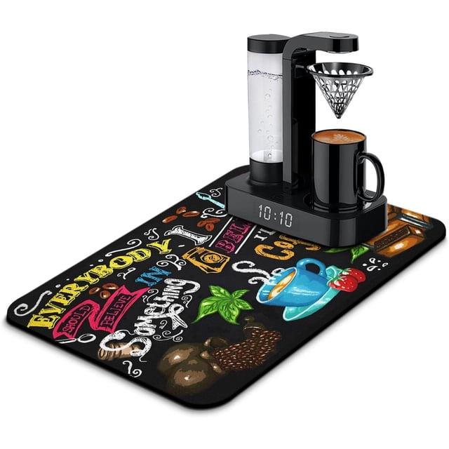 Coffee Bar Mat Accessories for Countertop Absorbent Hide Stain Rubber Backed Dish Drying Mats for Kitchen Counter Draining Pad Decor Gift Fit Under Coffee Maker Coffee Pot Espresso Machine (24x16in)