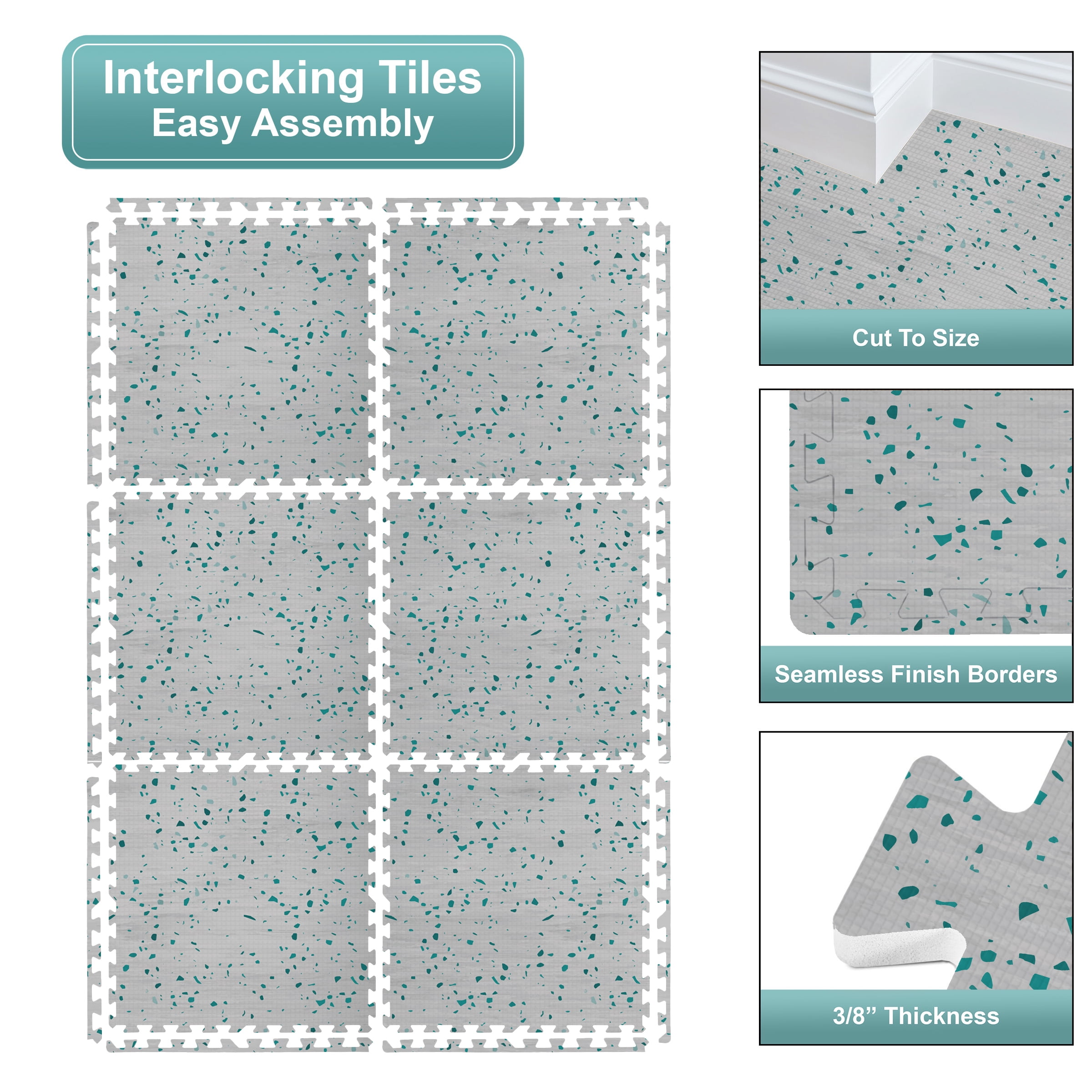 Sorbus Waterproof Wood Grain Foam Floor Tiles, 36 Tiles, 144 Sq Ft, Interlocking, Terrazzo