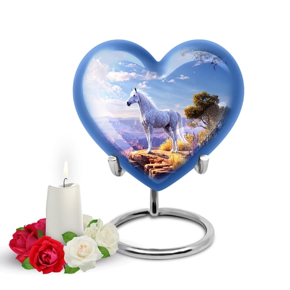 Yatskia White Horse at Mountain Small Memorial Keepsake Urns for Human Ashes Adult Male and Female, Mini Funeral Urn for Adult Ashes, (Heart Pack of 1, 3 Inch)