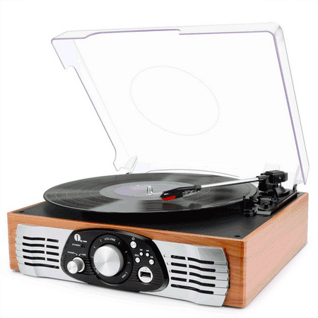 1byone Belt-Drive 3-Speed Stereo Turntable with Built in Speakers, Supports Vinyl to MP3 Recording, USB MP3 Playback, and RCA Output, Natural