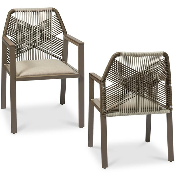 Best Choice Products Set of 2 Indoor/Outdoor Aluminum Woven Rope Dining Chairs w/ Armrests - Taupe/Sandstorm