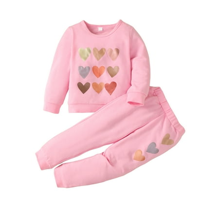 

Frobukio 2Pcs Kids Little Girls Fall Outfits Heart Print Long Sleeve Pullover Tops Stretch Pants Valentine s Day Sets Pink　4-5 Years