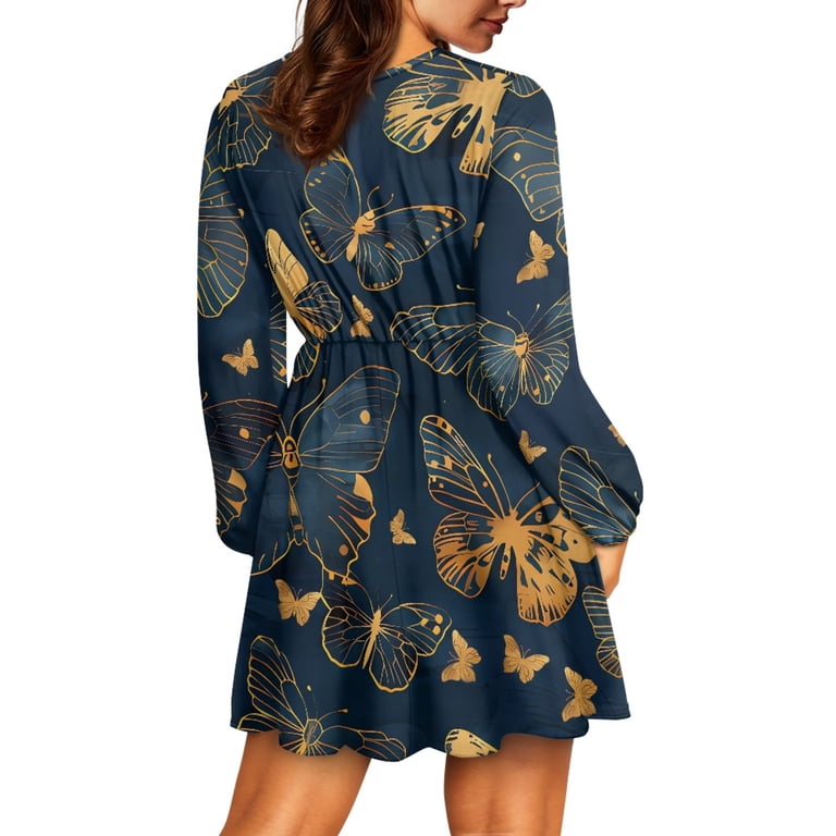 Yuyamidu Gold Butterfly Long Sleeve Women Dresses Formal Special Occession  A-Line Swing Dress Plus Size 2XL Ladies Spring Winter V Neck Midi Dresses,  Blue - Walmart.com