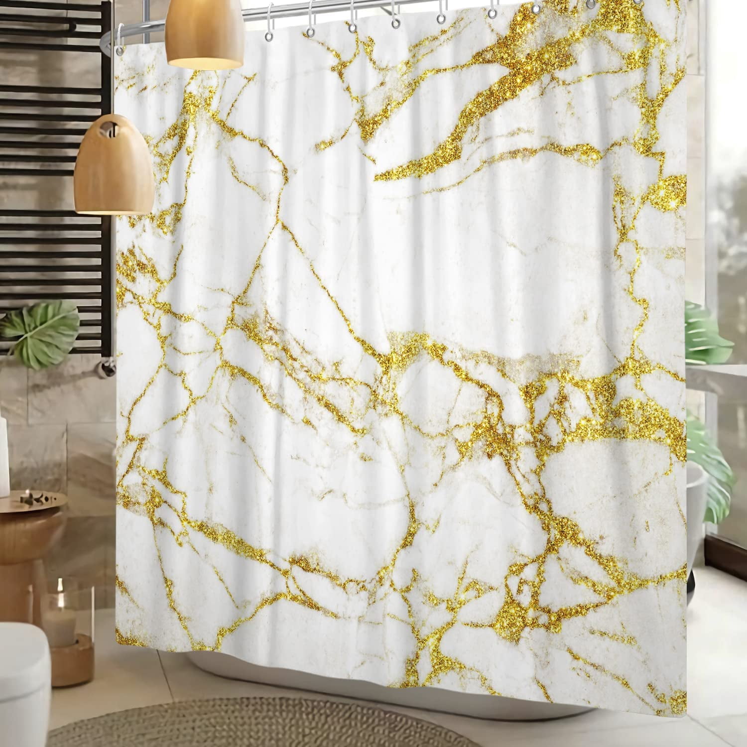 Marble Shower Curtain, Abstract Modern White and Gold Marble Shower Curtain Set for Bathroom Ink Texture Waterproof Polyester Fabric Bathroom Decor with Hooks, 72x72 Inch