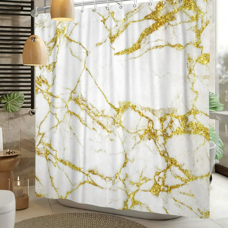 Marble Shower Curtain, Abstract Modern White and Gold Marble Shower Curtain  Set for Bathroom Ink Texture Waterproof Polyester Fabric Bathroom Decor  with Hooks, 72x84 Inch 