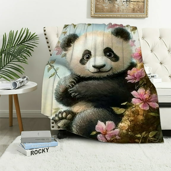 Autua Panda Bear Flowers Lightweight Blanket, Excellent Hand Feel Blanket for All Seasons, Soft Flannel Fabric 40x50in