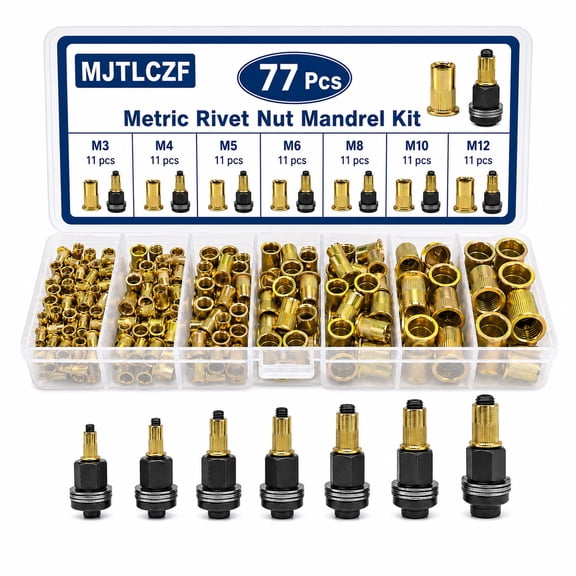 77PCS Carbon Steel Rivet Nut Tool Set, Rivet Nut Mandrel Assortment Kit