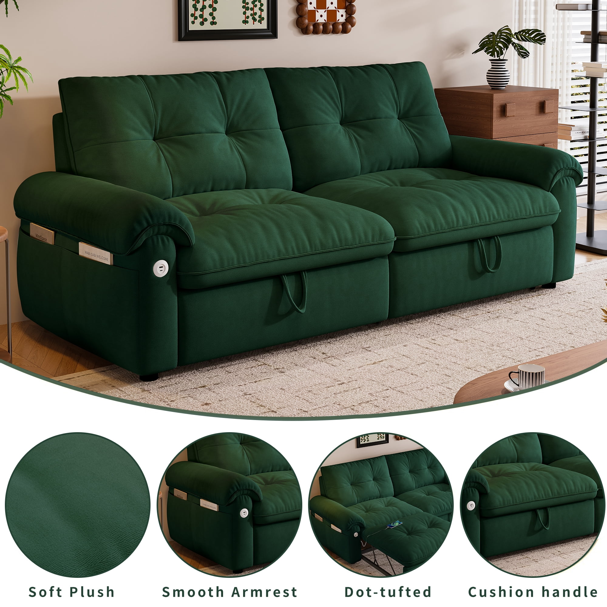 AISWORD 77"W Convertible Sleeper Sofa Bed,Velvet Pull-Out Loveseat Sofa Couch with USB Charging Port & Side Pockets,Modern Living Room Furniture for Small Spaces,Green