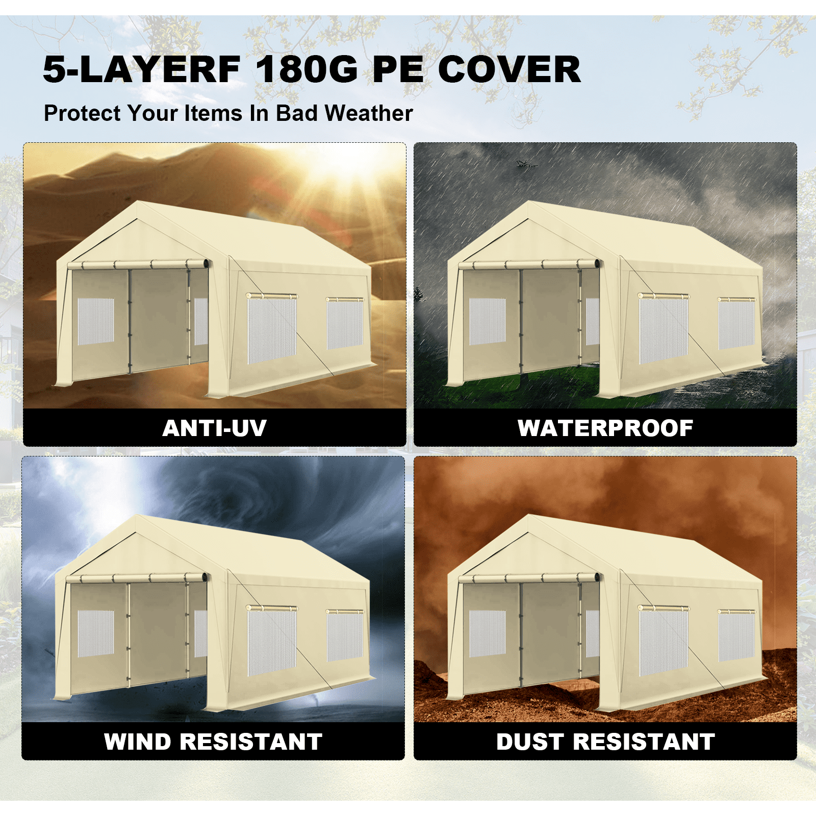 Gaptain W10xL20Ft Heavy Duty Steel Carport Portable Garage with Removable Sidewalls and Windows, Waterproof&Anti-Sunburn&Adjustable Height,Beige
