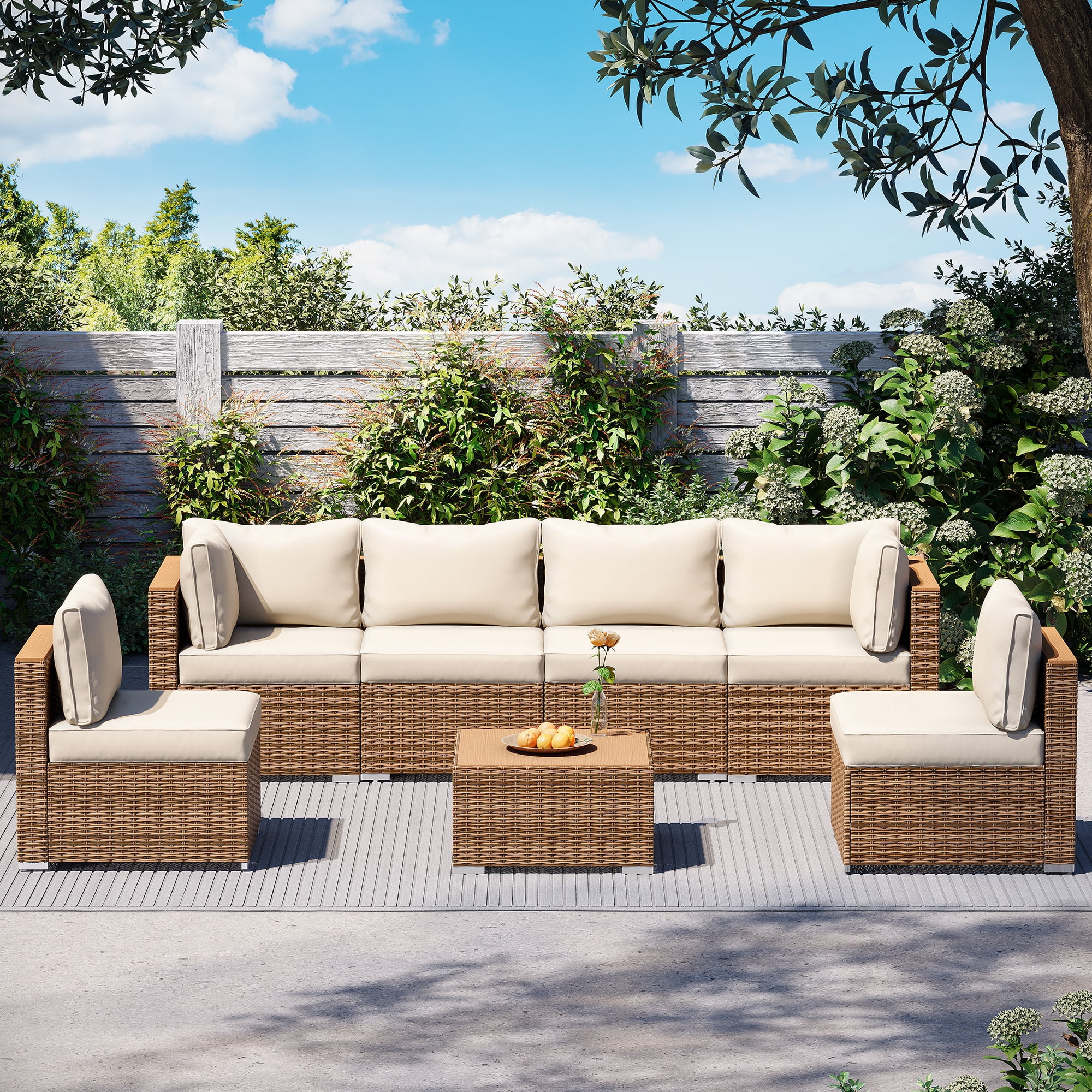 LAUSAINT HOME 7 Pieces Patio Conversation Set, Outdoor Sectionals with 6 Chairs and 1 Coffee Table, Beige Cushions