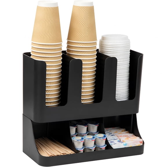 BPPEG Cup and Condiment Station,13 Inch Countertop Organizer with 6 Compartments,Storage Caddy for Cups,Lids and Packets,Plastic,Black