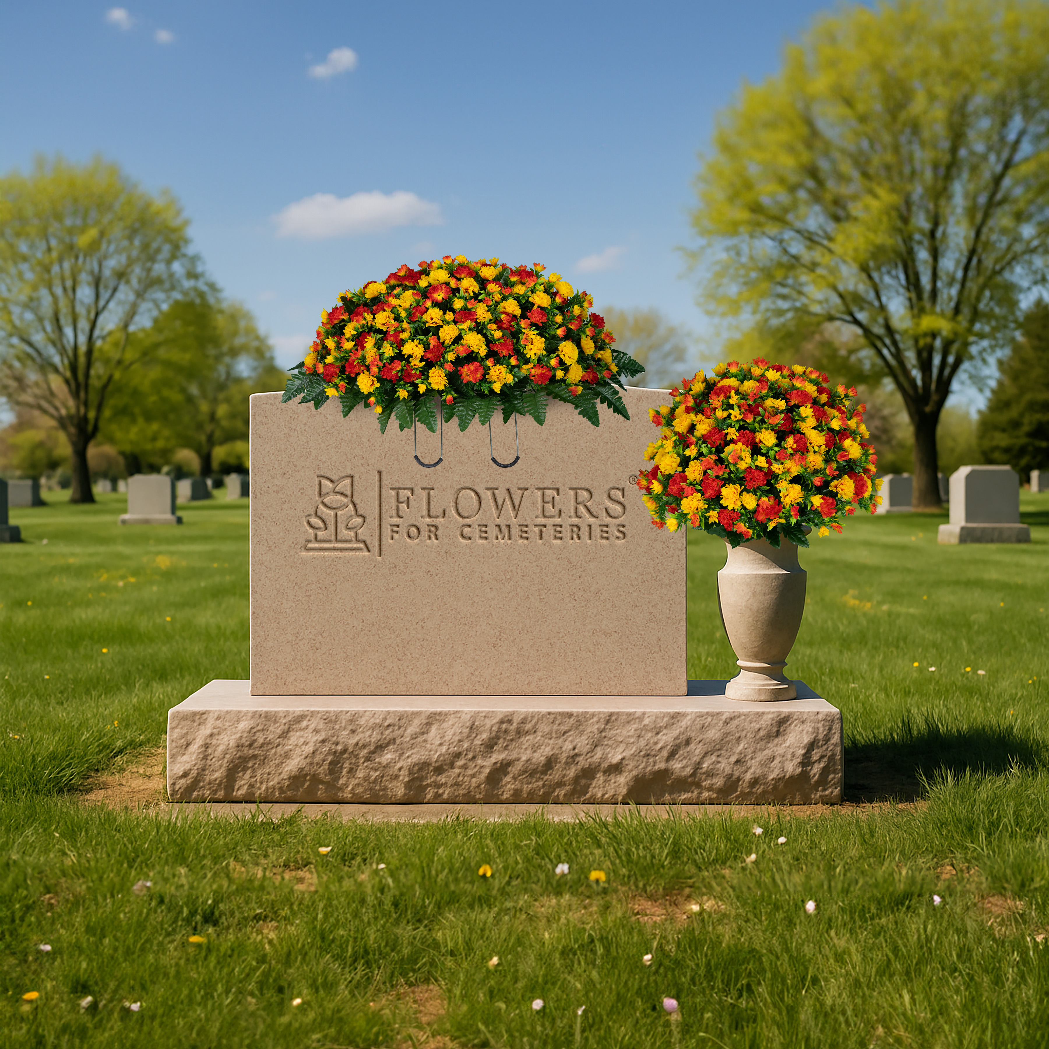 Sympathy Silks Artificial Cemetery Flowers Sunset Orange Garden Mums Bouquet & Saddle