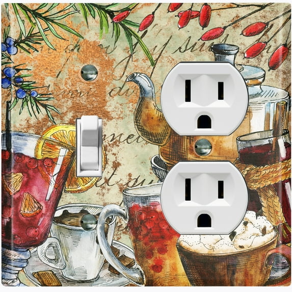 Metal Light Switch Wall Plate Outlet Cover (Coffee Tea Party Kettle Mocha Drinks - Single Toggle Single Duplex)