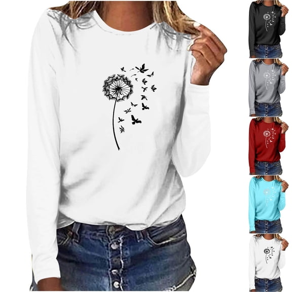 NuoCaiYun Women'S Long-Sleeve T-Shirts Casual Fashion Crewneck Pullover Round-Neck Printed T-Shirt