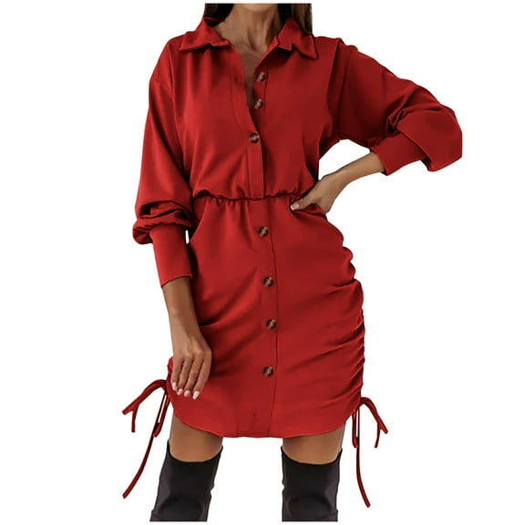 Solid Color Button Down Dress for Women Lapel Puff Sleeve Pencil Dresses Side Drawstring Short Dress with Pockets
