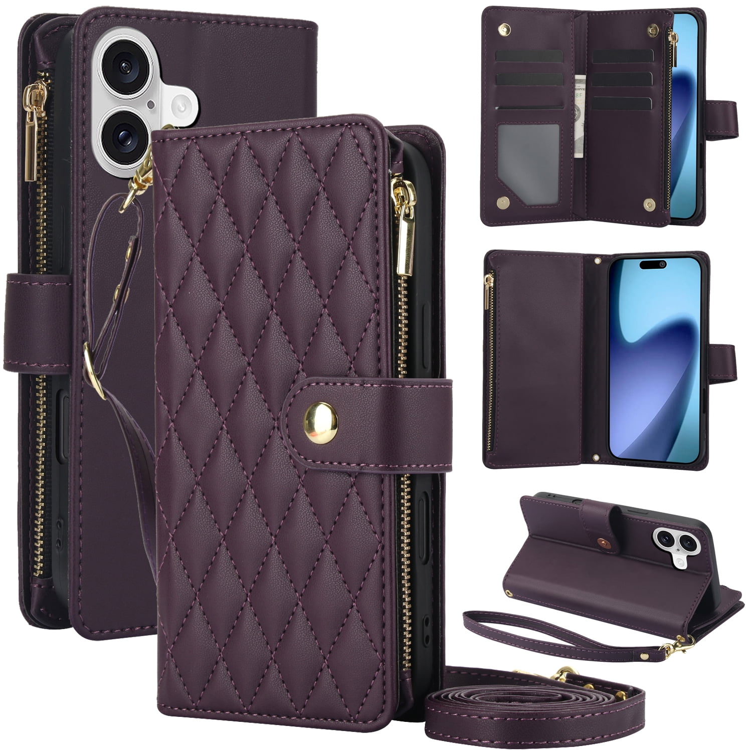 Kryonix for iPhone 17 Wallet Case, Crossbody Zipper Purse with Wrist Strap Lanyard Handbag, RFID Blocking Card Holders, Kickstand Flip Leather Cover, Pink/Beige/Black