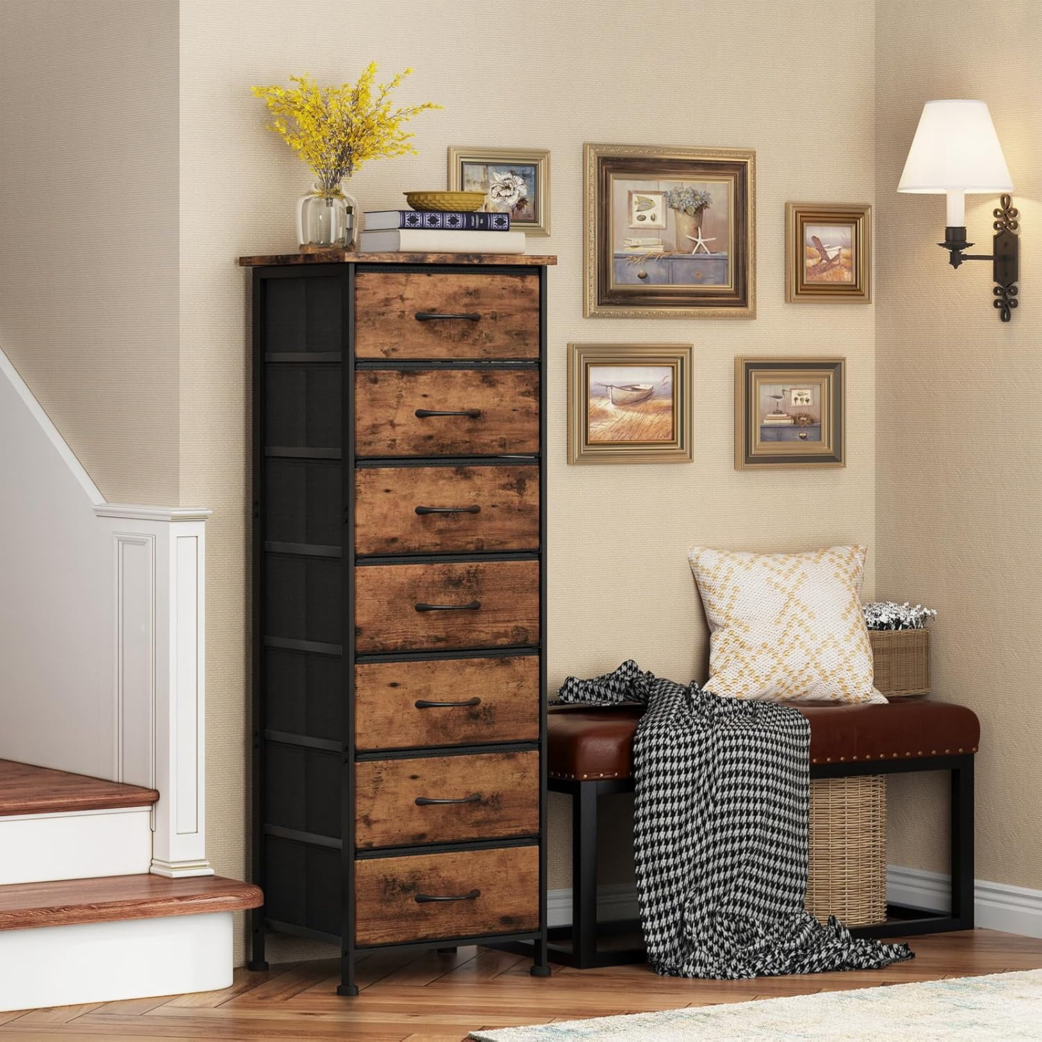 Tall Dresser for Bedroom, Storage Dresser Organizer with 7 Fabric Drawers, Nightstand Furniture in Closet, Entryway, Hallway