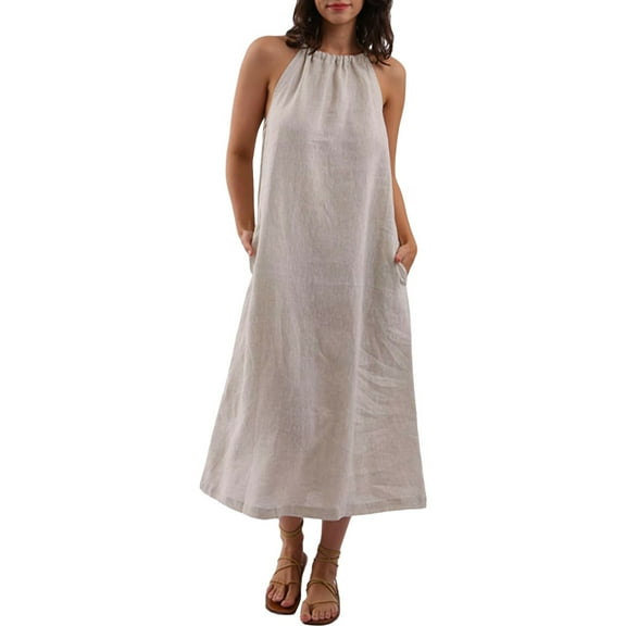 Yubnlvae A Women's Cotton And Linen Dress with A Neck Sleeveless And Solid Color., L