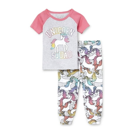 Print Sleep Tee (Baby And Toddler Girls Short Raglan Sleeve 'Unicorn Squad' Top And Printed Pants Snug-Fit PJ Set (Baby and Toddler)