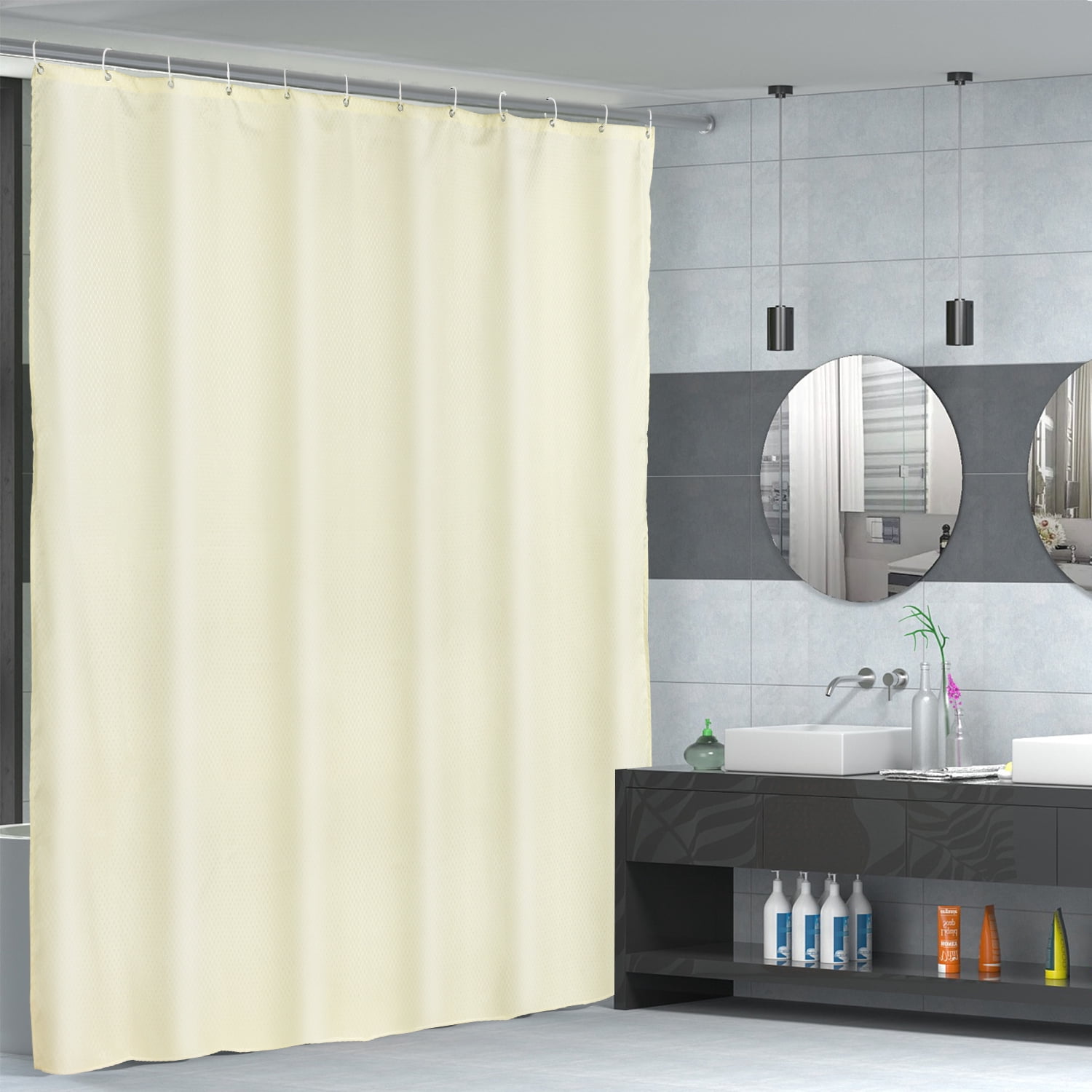Coolmade Waffle Weave Shower Curtain, 12 Hooks Included - Hotel Style, Waterproof & Washable, Heavyweight Fabric & Mesh Top Window - 72x72,Beige
