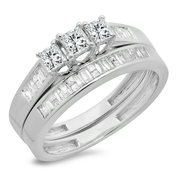 Dazzlingrock Collection 0.90 Carat (ctw) 14K Princess & Baguette Cut Diamond 3 Stone Engagement Ring Set, White Gold, Size 6.5