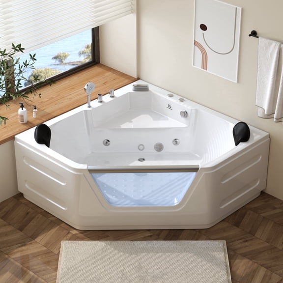 59 Inch Corner Jetted Tub - Luxury White Whirlpool Plastic Acrylic Bathtub with 7 Color Light Perfect for Couples' Relaxation and Wellness Home Spa,Perfect for Couples' Relaxation and Wellness