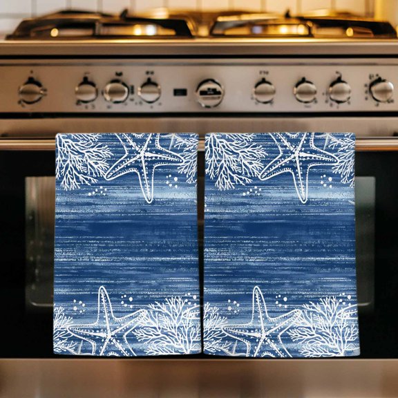 Blue Coastal Kitchen Towels Set of 3, Summer Ocean Sea Waves Starfish Corals Absorbent Dish Towels for Kitchen, Microfiber Hand Towel, Quick Drying Tea Towel for Cleaning Decorative Dishcloths