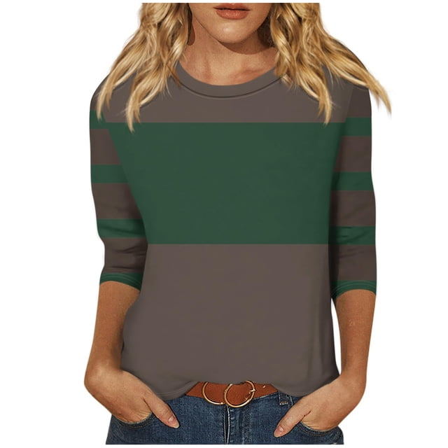 cfhntfmh Hauts pour Femmes 2024 Automne Tendance à Blocs de Couleur Blouses à Col Rond Décontractées Manches 3/4 Tuniques Amples