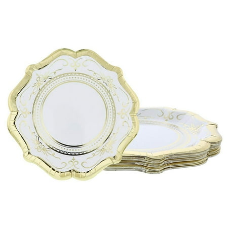 Poppy Plates Vintage Disposable Plates - 24-Count Paper Plates, Vintage White Party Supplies for Appetizer, Lunch, Dinner, and Dessert, Bridal Showers, Weddings, Gold Foil Scalloped Edge Design, 9.2 x 9.2 inches ()