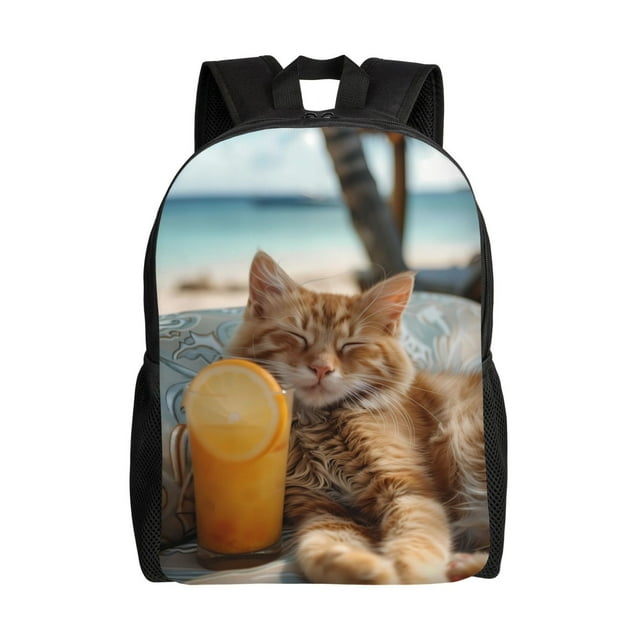 Sikiie Relaxing Cat With Orange Juice Print Single-sided Full-body Backpack with Computer Compartment 600D Oxford Fabric Backpack, Suitable for School, Work