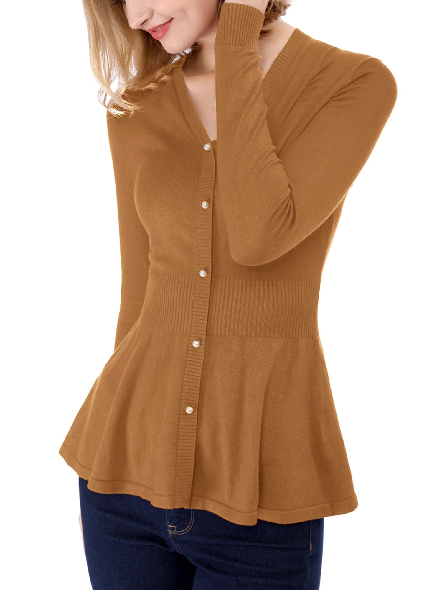 DARING DIVA Women's Peplum Top Smocked Long Sleeve Knit Sweater S Brown