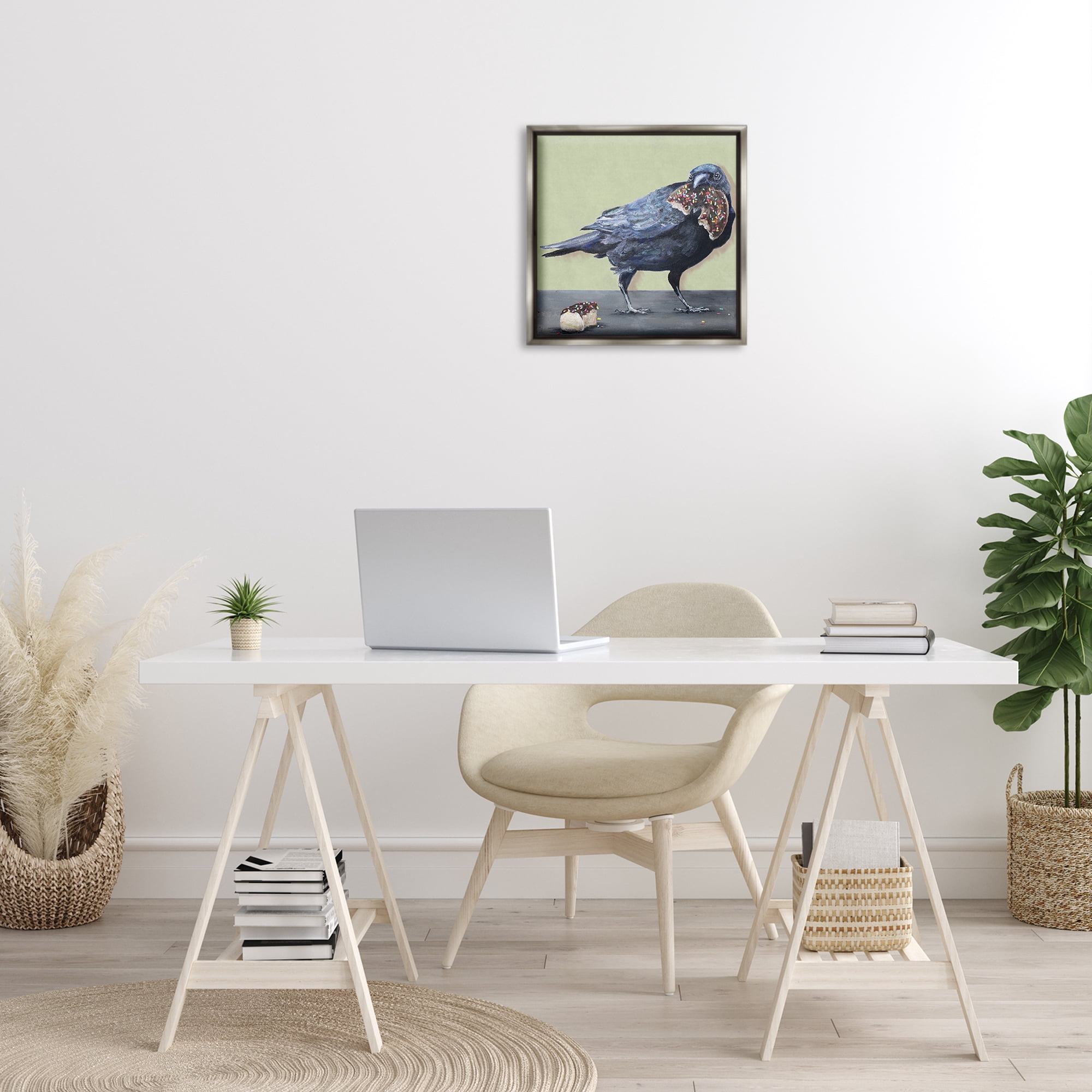Stupell Industries Crow Eating Donut Food & Beverage Painting Gray Floater Framed Canvas Art Print Wall Art, 18 x 18
