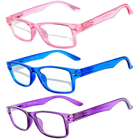 Narrow Retro Fashion Style Rectangular Pink Blue Purple Frame Clear Lens Eyeglasses (3 Pack)