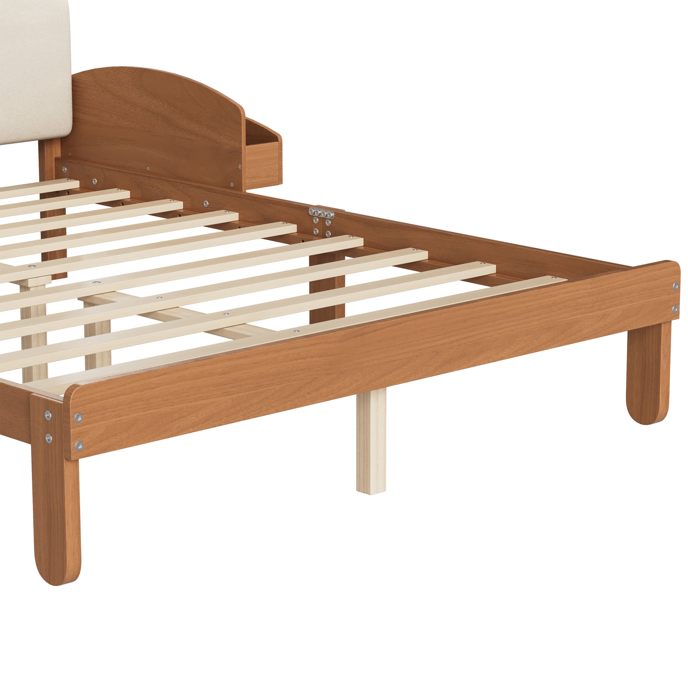 Noble House Full Size Platform Bed with Curved Padded Headboard, Side Storage Shelves, Light Walnut